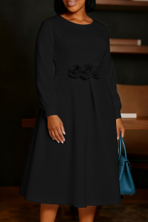 Black Elegant Solid Color Flower Shape O Neck A Line Dresses