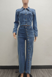 Blue Casual Solid Color Buckle Turndown Collar Long Sleeve Two Pieces