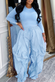 Light Blue Slim Long Sleeve Ruched Wide Leg Pants Two Piece Set Minimalist Elegant Casual Fashion Outfit