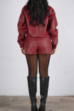 Khaki Woven Pattern Cropped Leather Jacket Zipper Collar Casual Fashion Stylish Coat