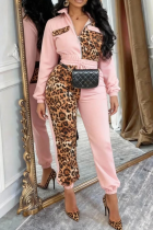 Pink Leopard Print Paneled Two Piece Set Zipper Collar Waist Casual Fashion Outfit
