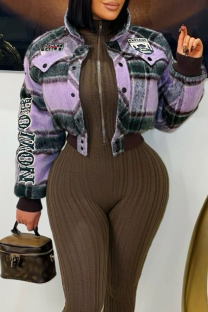 Purple Plaid Cropped Jacket Letter Accent Loose Casual Fashion Retro Style Top