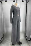 Dark Gray Casual Solid Color Strap Design Spaghetti Strap Long Sleeve Two Pieces
