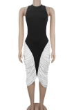 Black Color Block Ruched Sleeveless Dress Slim Elegant Fashion Waist Midi Dress