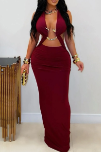 Burgundy Sexy Solid Color Metal Accessories Trim Halter Long Dresses