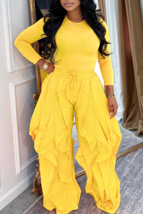 Yellow Slim Long Sleeve Ruched Wide Leg Pants Two Piece Set Minimalist Elegant Casual Fashion Outfit
