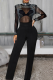 Black Rhinestone Sheer Jumpsuit Sexy Slim Elegant Party Fashion High Waist Wide Leg Romper