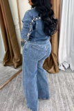 Blue Casual Solid Color Buckle Turndown Collar Long Sleeve Two Pieces