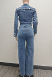 Blue Casual Solid Color Buckle Turndown Collar Long Sleeve Two Pieces