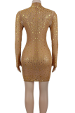 Gold Sexy Solid Color Hot Drill O Neck Wrapped Skirt Dresses
