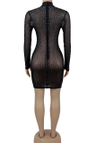 Gold Sexy Solid Color Hot Drill O Neck Wrapped Skirt Dresses