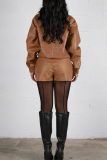 Khaki Woven Pattern Cropped Leather Jacket Zipper Collar Casual Fashion Stylish Coat