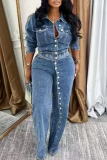 Blue Casual Solid Color Buckle Turndown Collar Long Sleeve Two Pieces