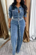 Blue Casual Solid Color Buckle Turndown Collar Long Sleeve Two Pieces