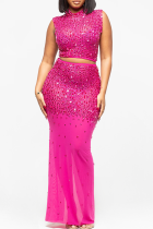 Rose Red Sexy Solid Color Hot Drill Half A Turtleneck Sleeveless Two Pieces
