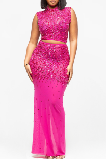 Rose Red Sexy Solid Color Hot Drill Half A Turtleneck Sleeveless Two Pieces