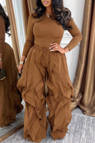 Brownness Slim Long Sleeve Ruched Wide Leg Pants Two Piece Set Minimalist Elegant Casual Fashion Outfit