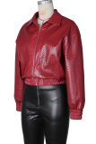 Khaki Woven Pattern Cropped Leather Jacket Zipper Collar Casual Fashion Stylish Coat