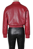 Khaki Woven Pattern Cropped Leather Jacket Zipper Collar Casual Fashion Stylish Coat