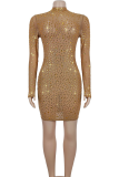 Gold Sexy Solid Color Hot Drill O Neck Wrapped Skirt Dresses