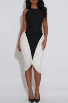 Black Color Block Ruched Sleeveless Dress Slim Elegant Fashion Waist Midi Dress