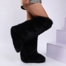 Black Knee High Snow Boots Women Warm Faux Fox Fur Lined Y2K Boots