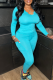 Blue Casual Solid Color Patchwork V Neck Long Sleeve Two Pieces
