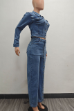 Blue Casual Solid Color Buckle Turndown Collar Long Sleeve Two Pieces