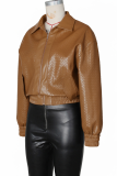 Khaki Woven Pattern Cropped Leather Jacket Zipper Collar Casual Fashion Stylish Coat