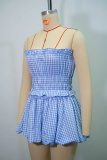 Blue White Sexy Plaid Ruched Strapless Sleeveless Two Pieces