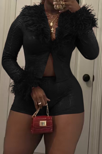 Black Solid Color Fluffy Turndown Collar Long Sleeve Two Pieces