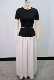 Black Casual Solid Color Contrast O Neck Short Sleeve Two Pieces