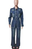 Blue Casual Solid Color Buckle Turndown Collar Long Sleeve Regular Denim Jumpsuits