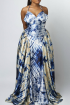 White Blue Elegant Tie Dye Contrast Halter Long Dresses