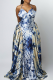 White Blue Elegant Tie Dye Contrast Halter Long Dresses