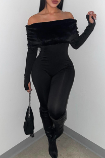 Black Sexy Solid Color Patchwork Off Shoulder Skinny Jumpsuits