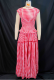Red Casual Plaid Pocket O Neck Sleeveless Two Pieces