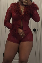 Burgundy Solid Color Fluffy Turndown Collar Long Sleeve Two Pieces