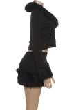 Black Sexy Solid Color Fluffy Turndown Collar Long Sleeve Two Pieces