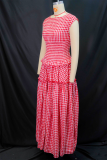 Red Casual Plaid Pocket O Neck Sleeveless Two Pieces