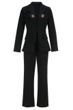 Black Casual Solid Color Patchwork Turn-back Collar Long Sleeve Two Pieces
