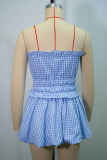 Blue White Sexy Plaid Ruched Strapless Sleeveless Two Pieces