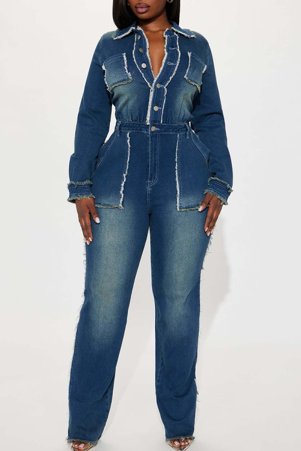 Blue Casual Solid Color Buckle Turndown Collar Long Sleeve Regular Denim Jumpsuits