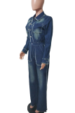 Blue Casual Solid Color Buckle Turndown Collar Long Sleeve Regular Denim Jumpsuits