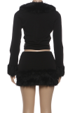 Black Sexy Solid Color Fluffy Turndown Collar Long Sleeve Two Pieces
