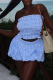 Blue White Sexy Plaid Ruched Strapless Sleeveless Two Pieces