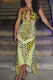 Yellow Sexy Print Backless Halter Irregular Dresses