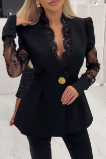 Black Lace Paneled Waistcoat Coat Elegant Office Fashion Blazer