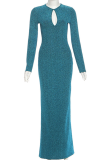 Blue Elegant Solid Color Hollow Out O Neck Long Dresses