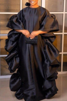 Black Casual Solid Color Flounce O Neck Long Dresses
